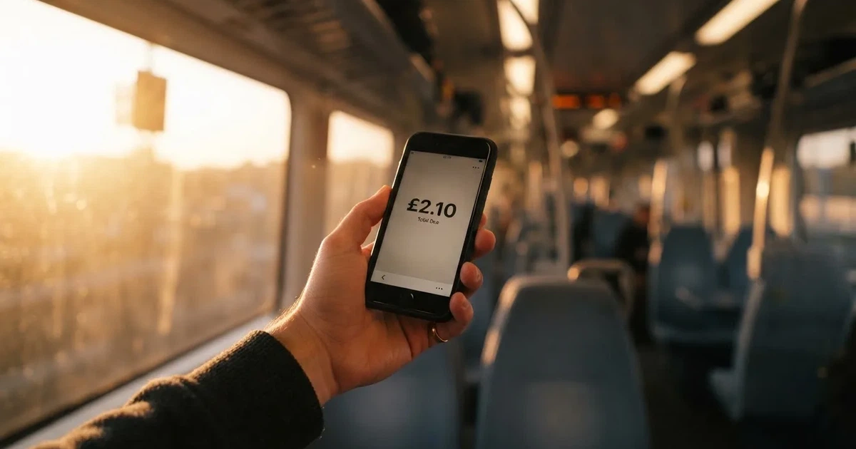 A hand holding a smartphone on a train in the evening, screen turned away