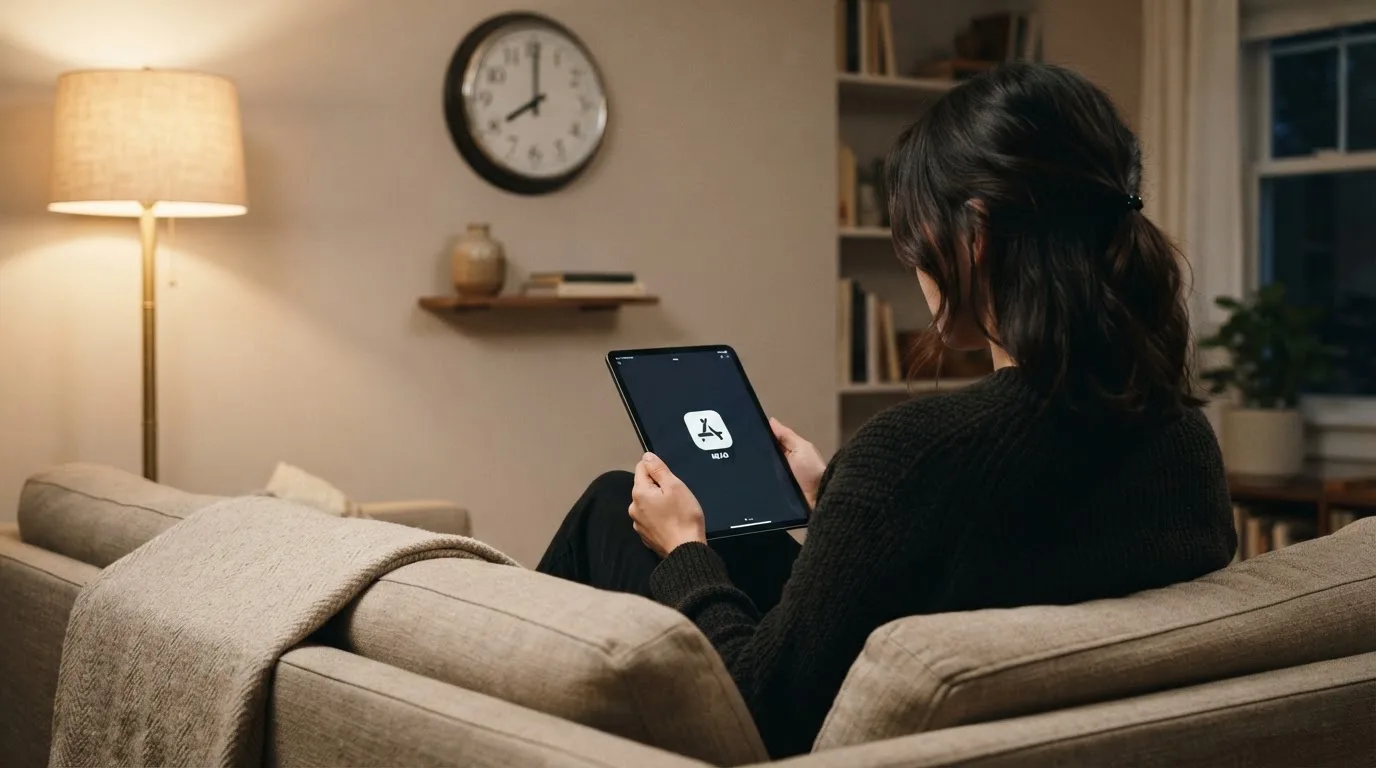 A person on a sofa looking thoughtfully at a tablet, a wall clock in the background